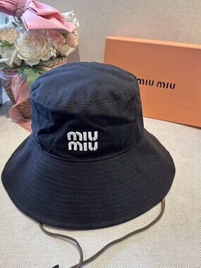 Miu Miu Black Bucket Hat with White Logo